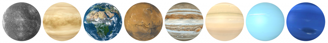 Los planetas del sistema solar: Mercurio, Venus, Tierra, Marte, Júpiter, Saturno, Urano y Neptuno