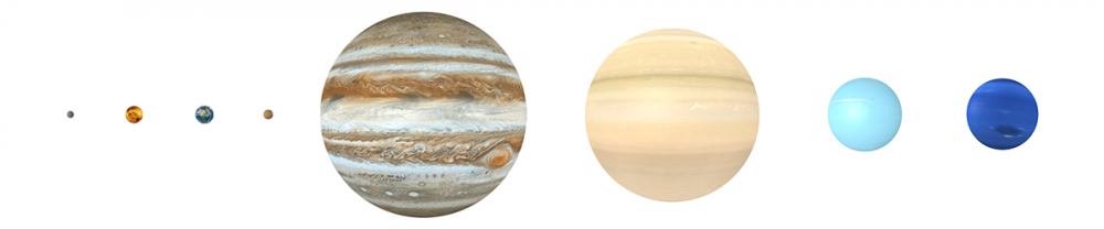 Los tamaños de los planetas del sistema solar: Mercurio, Venus, Tierra, Marte, Júpiter, Saturno, Urano y Neptuno