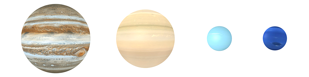 Tailles des planètes du système solaire externe : Jupiter, Saturne, Uranus et Neptune Tailles des planètes du système solaire externe : Jupiter, Saturne, Uranus et Neptune