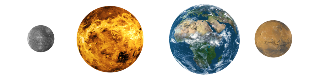 Tailles des planètes du système solaire interne : Mercure, Vénus, la Terre et Mars